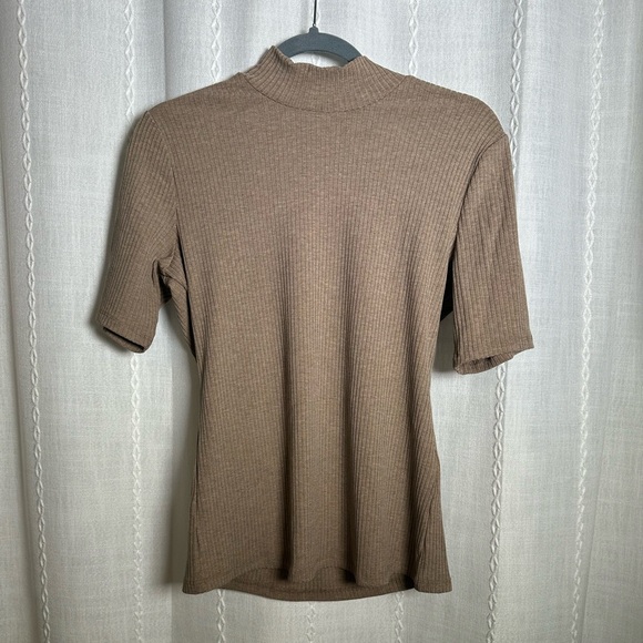 INC International Concepts Tops - INC Women’s (M) Tan Elbow Sleeve, Mock Neck, Ribbed Top